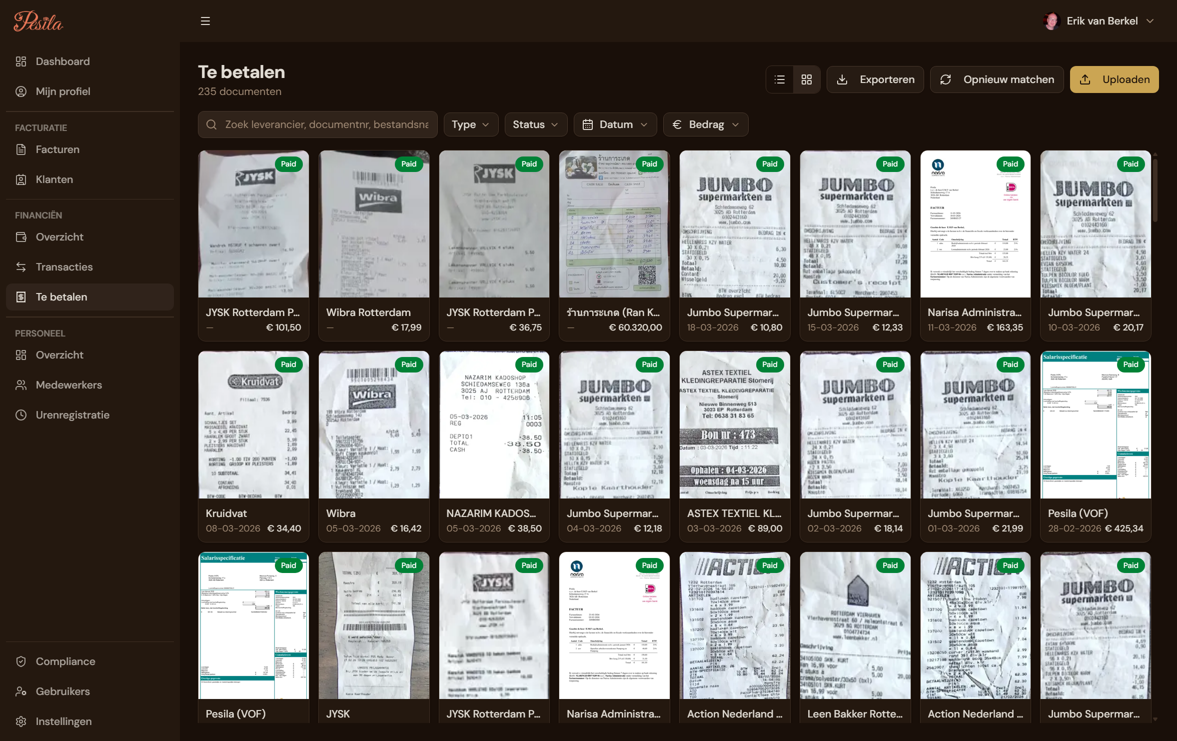 Pesila Salon Suite receipt scanning dashboard showing scanned receipts with OCR data extraction